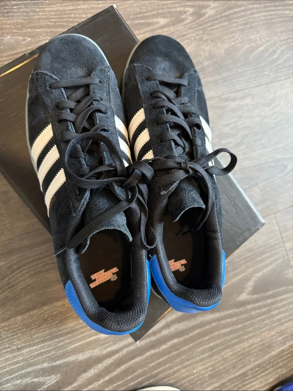 adidas Black Suede Campus Sneakers with White Stripes and Blue Heel